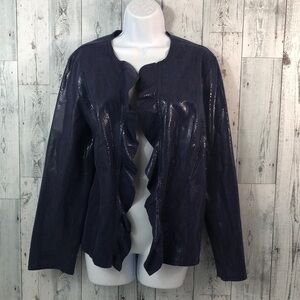 Chico’s Gerri Shiny Snake Purple Faux Leather Ruffled Open Front Jacket 2